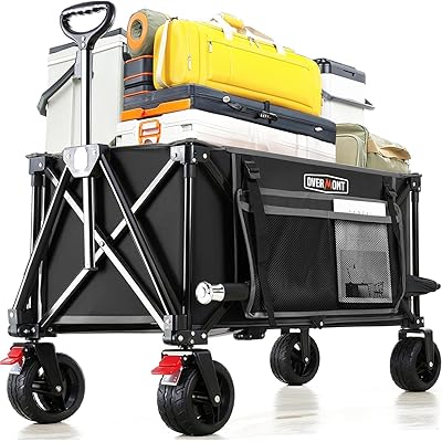 Overmont 持ちはこび手押し車 アウトドア手押し車 150L 大電気容量 耐荷重約120kg 4輪 特大 持ちはこび手押し車 キャンプカート ストッパー付 折り畳み パウダーコンパクトワンタッチ収れん式 花見 沖釣り 競技大会 積貨委託貨物持っていく 黒いこと スポーツ・アウトドア-その他