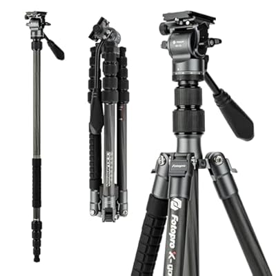 Fotopro 152cm カーボンファイバー製 旅行用三脚、コンパクトカメラ三脚、フルイドヘッド付き、取り外し可能なモノポッド、クイックリリースプレートとバッグ付き、最大8kg対応 ビデオ三脚 X-Go E2 ビデオブラック｜Annie Store