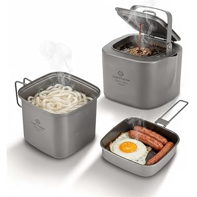 COOKNESCAPE チタン角型クッカーセット 1100mlポット＋300mlフライパン＋400mlケトル 超軽量385g セラミック加工・フタ兼用フライパン スタッキング収納可 純チタン製・食品衛生基準適合 キャンプ 登山 ソロ用 クッカーセ
