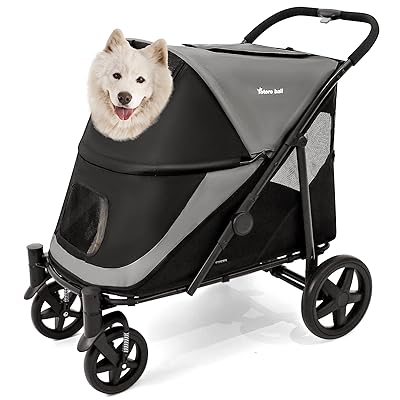 Totoro ball 愛玩動物手押し車大型犬 用手押し車 犬 乳母車 多頭 大型犬 ペットバギー 4輪 ワンタッチ折りたたみ式 軽さパウダーコンパクト 精神的な統合飾り気の無い 出かける助けになる 大型・中型・多匹飼い向け 耐荷重55Kg マイコン400 (薄墨色+黒いこと)
