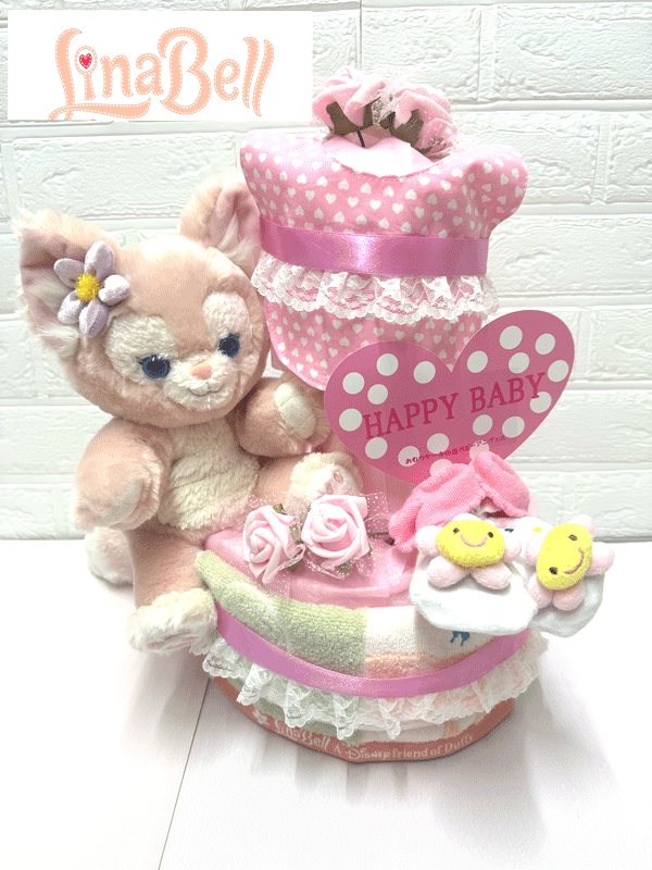 【出産祝い】【おむつケーキ　3段 】 【ディズニー】【リーナ・ベル】【ダッフィー】【シェリーメイ】【ステラ・ルー】【ジェラトニー】☆65☆ 送料無料 名入れ 即日発送 オムツケーキ