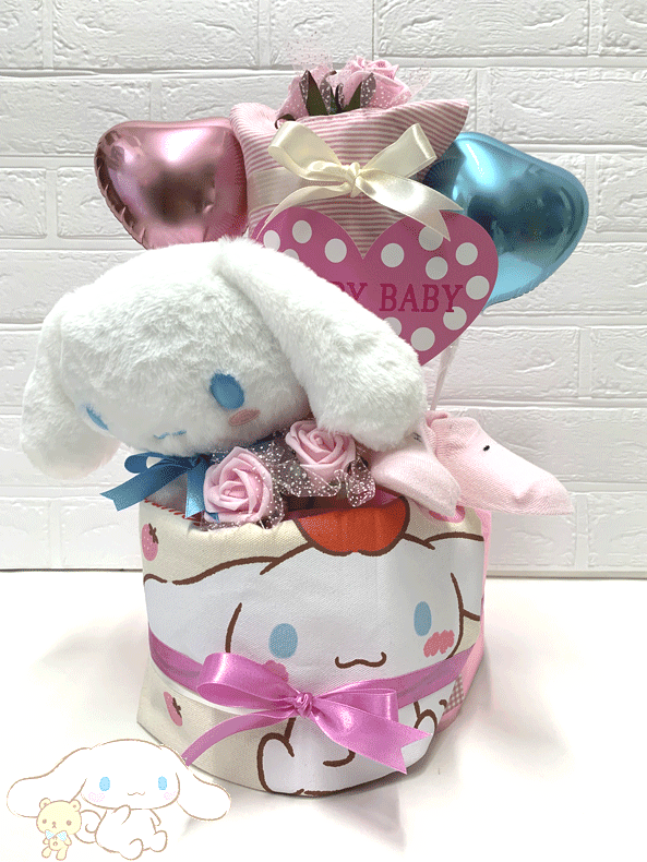 【出産祝い】サンリオ【おむつケーキ　3段 】シナモ【シナモロール】しなも　女の子☆228☆ 送料無料 名刺繍刺繍 即日発送 オムツケーキ