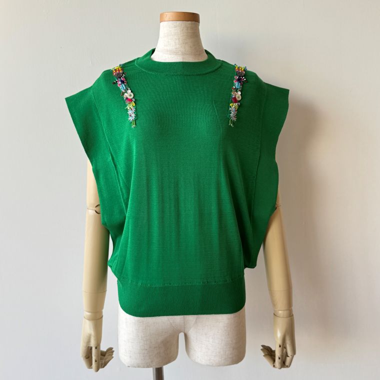 【40％OFF SALE】 アルベロベロ(Alberobello)オレボレブラ ぶたさんビーズ刺繍 ニットプルオーバー（グリーン） 【2025 SPRING COLLECTION】 送料無料