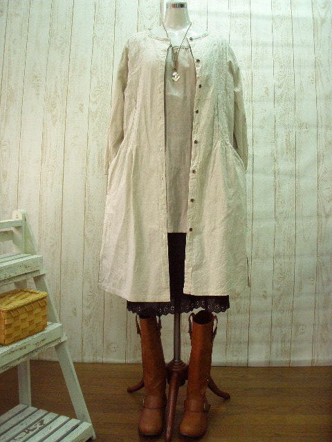 リネン/厚地の外套風 前くい違い・ピンタックワンピース 生成り/選べるＭ～L,L～２L,３～４L,４～５Ｌ大きさ/日本製