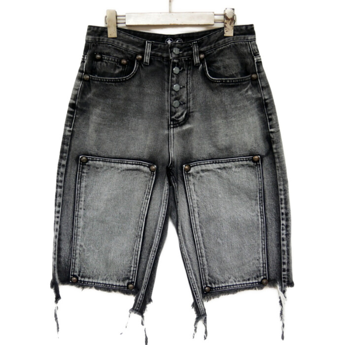 THUG CLUB サグクラブ カットオフダブルニーデニムパンツ ジーンズさる股引き スタッズかざり付ける TC23PT0501 BLACK 黒いこと 黒 1【中古】 メンズファッション-ズボン・パンツ