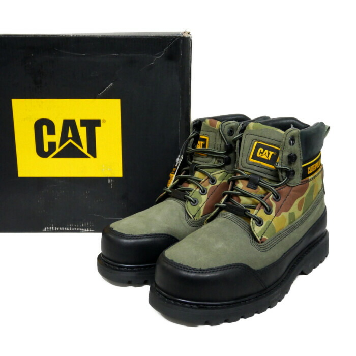 Nigel Cabourn×CAT CATERPILLAR ナイジェルケーボン 国内置き目 UTAH BOOTS 細工物ブーツ CANVAS FULL GRAIN LEATHER 80451262011 GREEN 緑であること BLACK ダックカモ US9 27【中古】