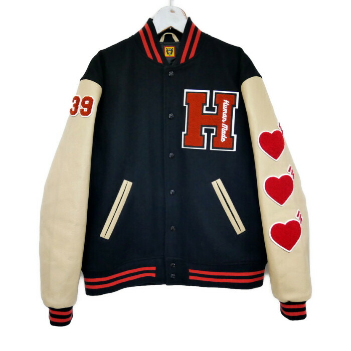HUMAN MADE ヒューマンお手伝いさん 国内置き目 24SS VARSITY JACKET 袖レザーバーシティジャケット スタジャン ロゴタイプ継ぎ切れ HM28JK016 BLACK 黒いこと 黒 L【中古】