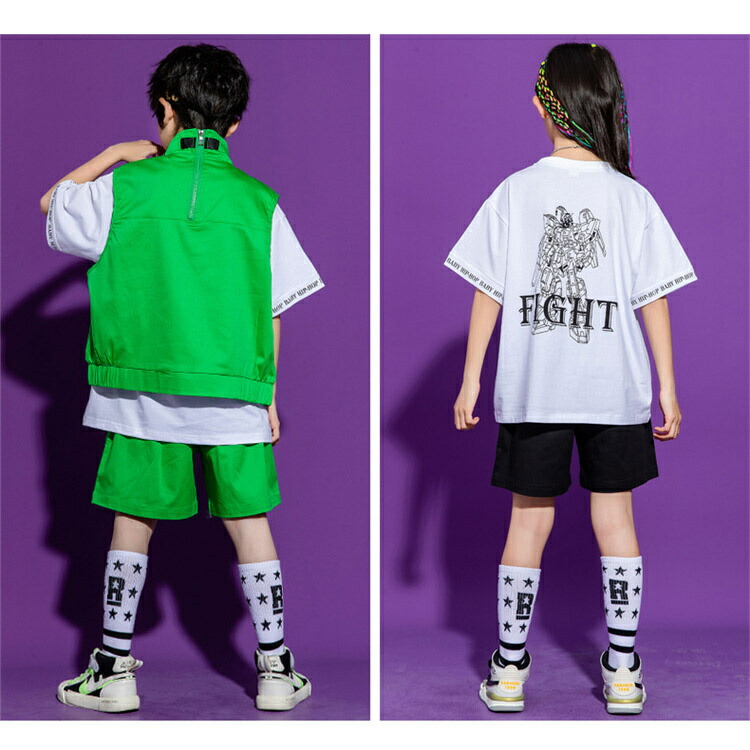 キッズダンス衣装 ヒップホップ hiphop 男の子 無地 上下セット ベスト 黒tシャツ 女の子 パンツ 韓国 グリーン チアガール 発表会 ベスト  3点セットｔシャツ ブラック 白 文化祭 セットアップ K-POP トップス 短パン カーゴ ステージ 体操服 練習着 演出 ジャズダンス ...