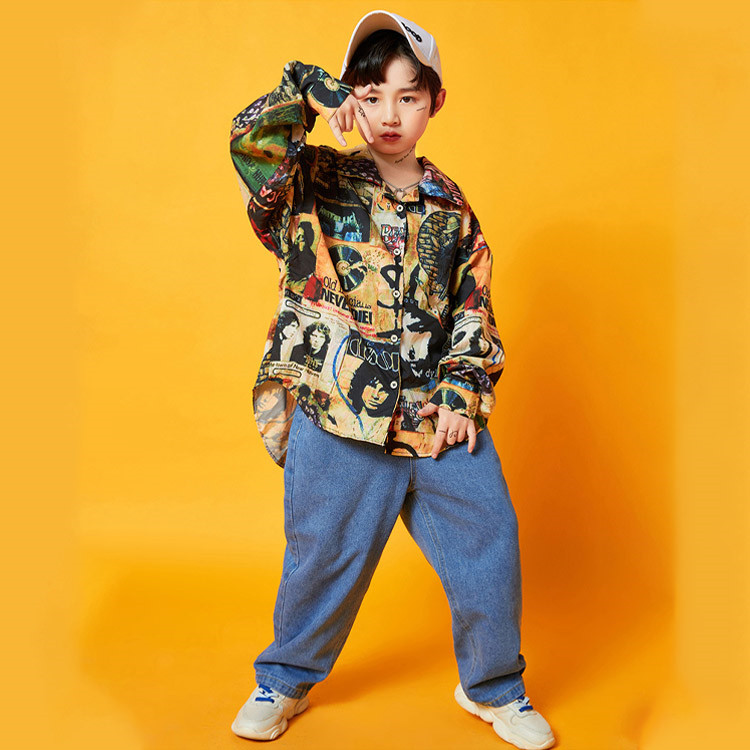 キッズダンス衣装 男の子 レトロ柄 デニム 長袖 派手 ダンス K Pop 演出服 ス ヒップホップ パンツ 韓国 女の子 ガールズ