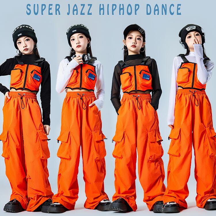 オレンジ 韓国 キッズ ダンス 衣装 セットアップ ヒップホップ 女の子 ショート キャミソール トップス へそ出し ベスト ロング デニムパンツ 練習着 演出服 普段着 演出服 団体服 子供 ポッピング ダンスウェア ロックダンス ジャズ K-POP ダンススタジオ 胸あき 個性派画像