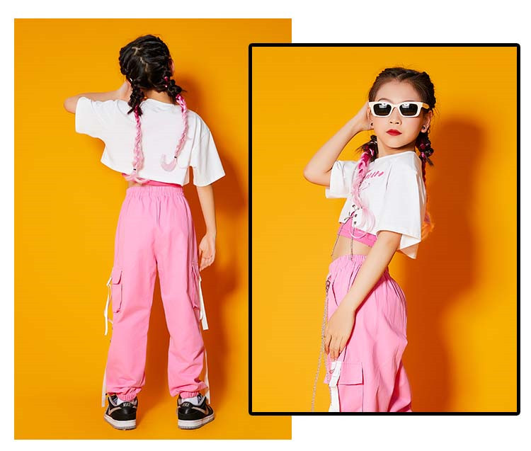市場 白 ヒップホップ へそ出 ショットトップス キッズ 応援服 ダンス衣装 シャツ 韓国 セットアップ 半袖 トップス 女の子 ピンク カーゴパンツ