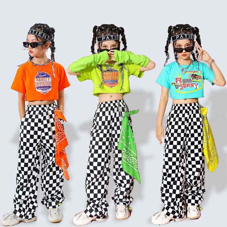 チェック柄 キッズ ダンス衣装 セットアップ 女の子 緑 おしゃれ かっこいい ファッション 白 ショット トップ へそ出し 肩だし 袖 シャツ トップス ロングパンツ 応援団 チアガール Jazz ジャズダンス ヒップホップ 韓国 K Pop 発表会 演出服 練習着 レッスン着 派手