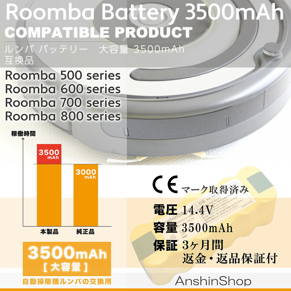 ルンババッテリーiRobot500/600/700/800シリーズ大容量3500mAh消耗品電池【送料無料】【3ヶ月間返金・返品保証つき】レターパックプラス