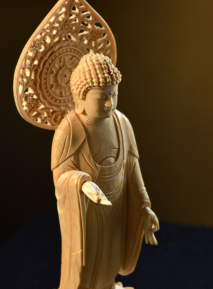 楽天市場】白木蓮方大佛座「立弥陀」3.5号 下台付/阿弥陀如来像