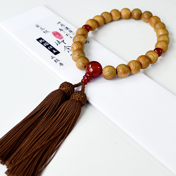 【略式念珠】【男性用数珠】 「屋久杉」12ｍｍ22玉〔瑪瑙仕立〕正頭細房・焦茶／桐箱入り 【片手】【屋久杉】【屋久島】【仏具】【法要】【墓参】【お葬式】【お墓参り】【冠婚葬祭】【お通夜】【法事】