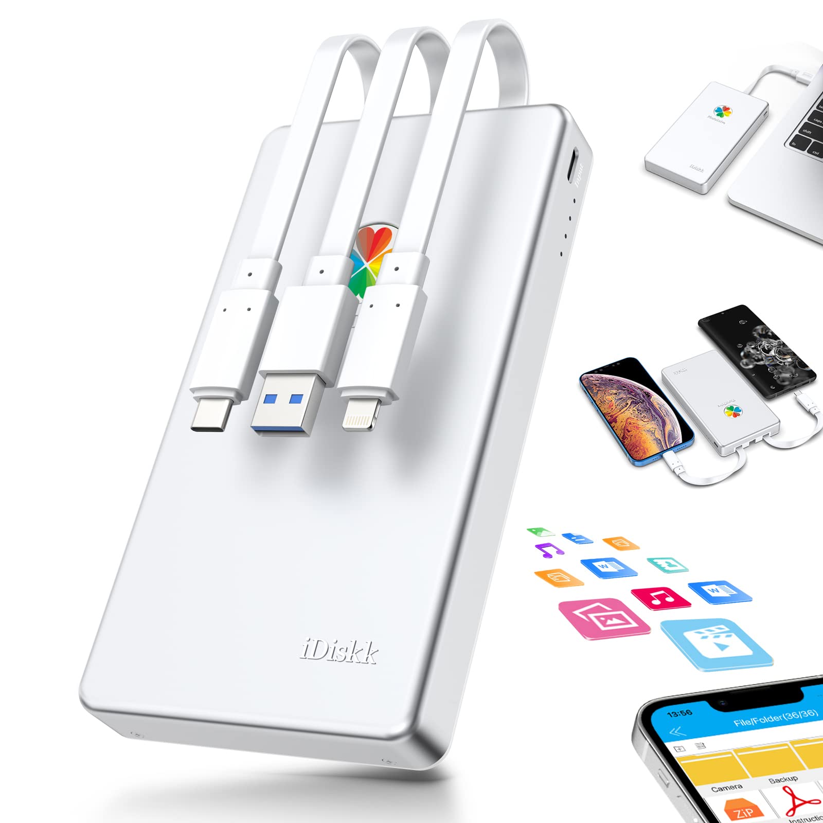 【Apple mfi認証済1024GB iPhone16対応】iDiskk iPhone外付けハードドライブ 1TB 2.5インチ外部hdd フラッシュドライブメモリ【Lightning+Type-C+USB 3本ケーブル本体に付き】|安心のYOSI 店