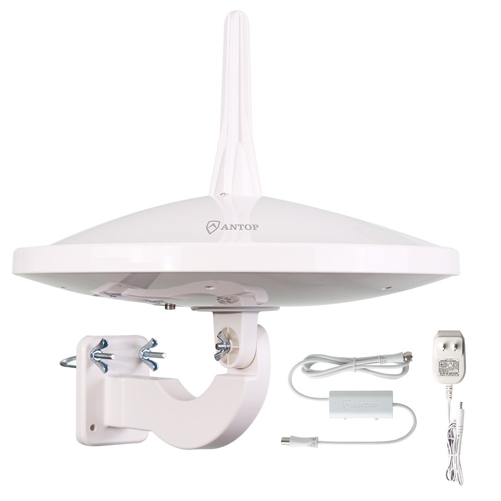 ANTOP 地デジアンテナ 屋外テレビ受像機空中線 UHF相応う 地上デジタル言いひろめる用 固定ディスク TV空中線 ブースター内蔵 720°全針路傍受 105Km傍受活動の領域 10m同軸有線テレビ付き添い人 備え付ける飾り気のない 中・弱電場用 白いこと AT-JP415B