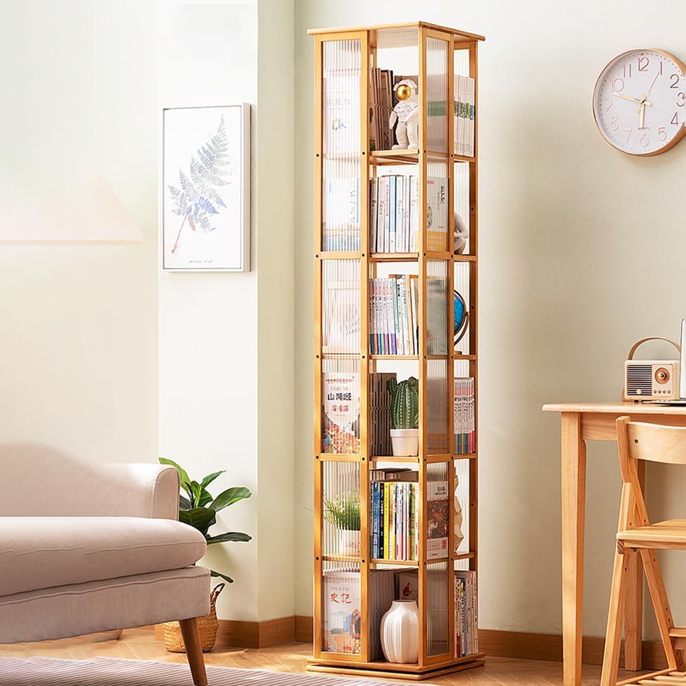 木製本棚 回転式本棚 360°長虹アクリル 4段/5段 直径40cm 耐荷重80kg A4が入る高さ 書棚 大容量 サイレント回転 絵本棚 漫画 小さい本棚 ブックシェルフ CDラック DVDラック 組立簡単 ブラウン-6層