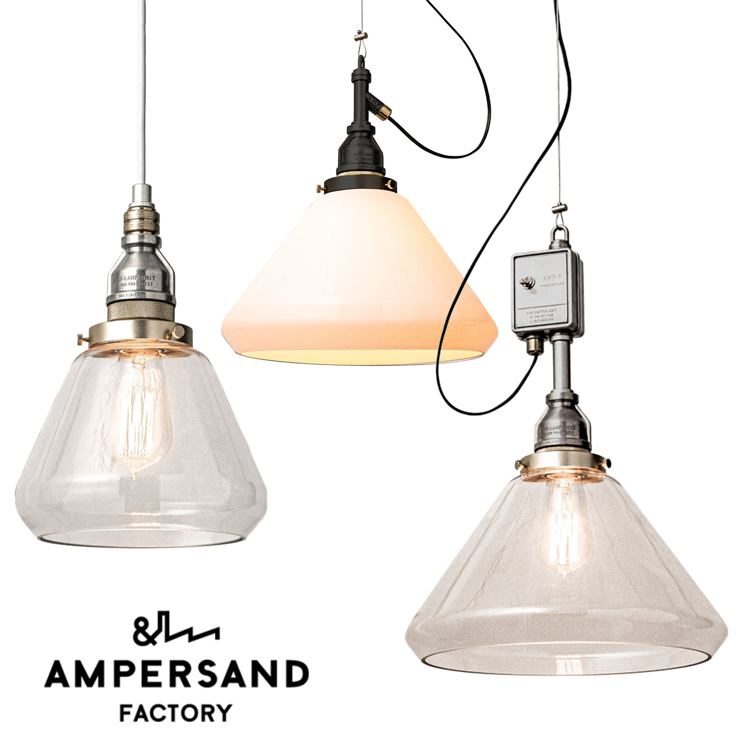 【全品10倍】Ampersand Factory アンパサンドファクトリー AMP 水呑み照明ランプ 標準尺度 鉄条 取り替えっこ Glass Lamp SOCKET STD WIRE SWITCH UNIT 軽銀 しろがね色 黒いこと 上昇限度点火装置 1灯 点火装置 点火装置 斑点模様点火装置 北欧 吊り下げ インダストリア