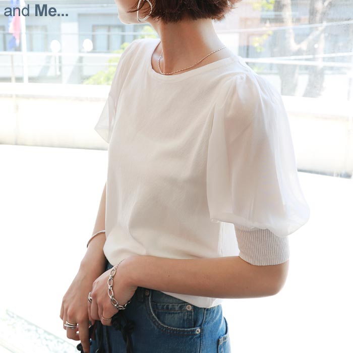 ファクトリーアウトレット メール便対応b 袖シフォン 半袖 ニット トップス レディース フェミニン ラウンドネック プルオーバー Lサイズ 夏 春 体型カバー パフスリーブ M