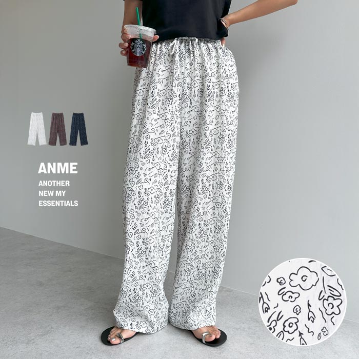 ANME アンメ フラワープリント イージー ワイド パンツ レディース ボトム ワイドパンツ イージーパンツ ロングパンツ ズボン ウエストゴム 体型カバー ゆったり 楽ちん ポケット 小花柄 シアー きれいめ カジュアル M L 春夏 秋冬 春 夏 秋 冬