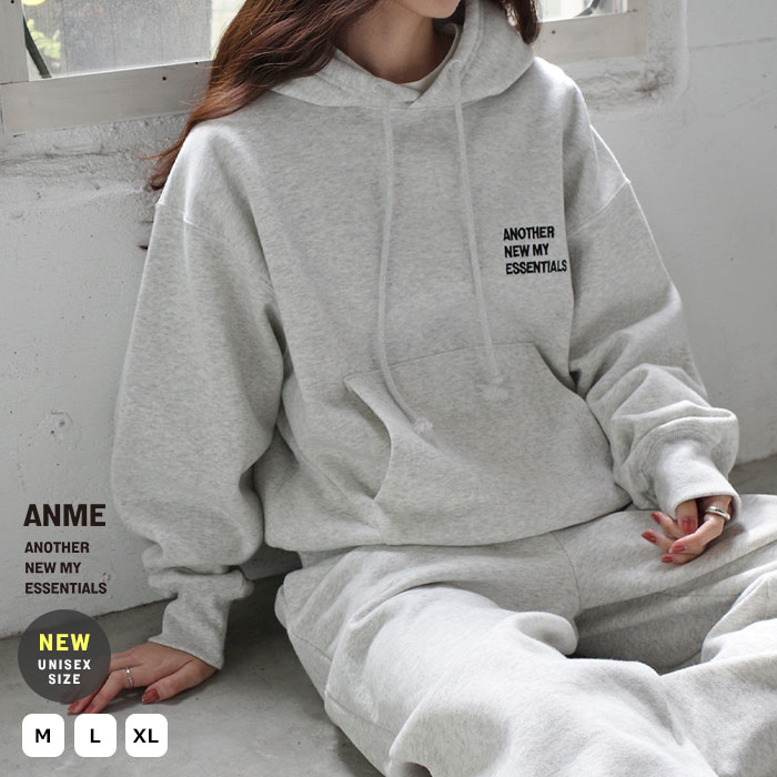 ANME アンメ 裏起毛 スウェット ロゴ 刺繍 パーカー レディース メンズ 長袖Tシャツ ロンT トップス 男女兼用 ユニセックス ノームコア オーバーサイズ 体型カバー ゆったり 楽ちん エンブロイダリー セットアップ カジュアル あったか 暖か 防寒 M L XL 秋冬 春 秋 冬