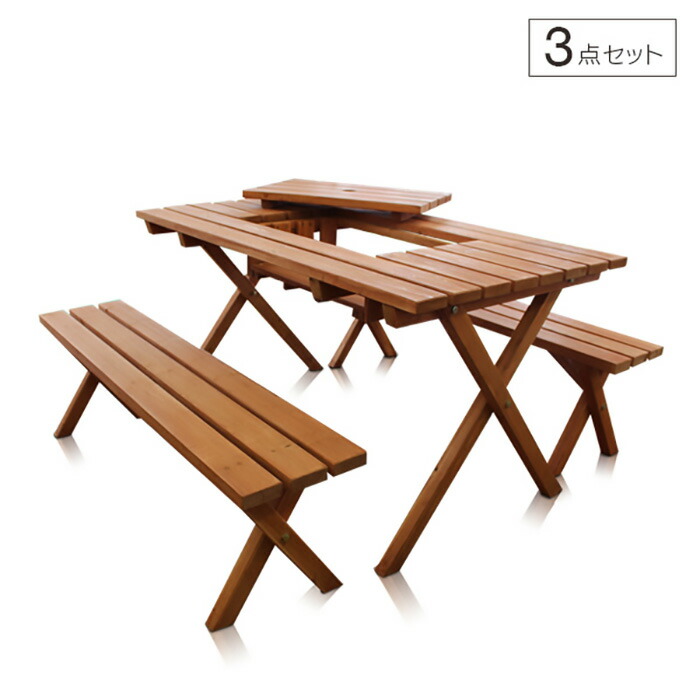 【希少】CAPTAIN STAG 木製テーブルチェアセット　パラソル穴付き　杉製 楽天市場】7%クーポン 13-15日☆ ガーデンテーブル チェア