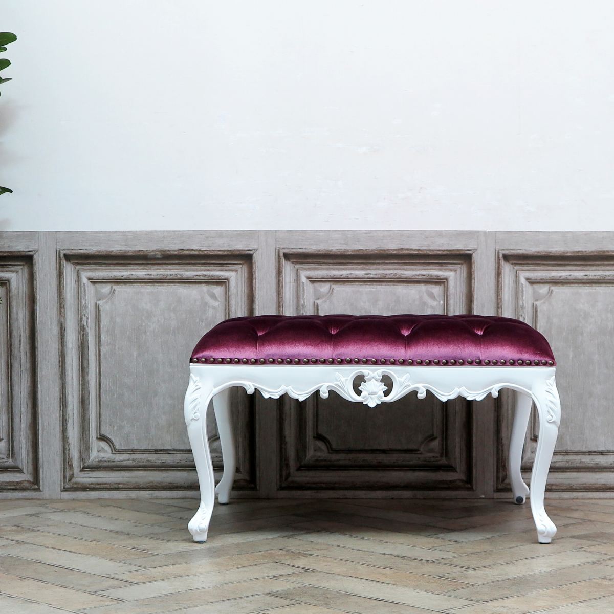 大きい おしゃれ アンティーク スツール 大型 アンティーク エレガント スツール 白家具 ベルベット ロマンティック 家具 猫脚 ロココ ロココ調家具 Lサイズ オットマン イタリアン クラシック イタリー ベンチ 猫脚 洋風 ロー 高級 ピアノ 輸入家具 ホテル レストラン