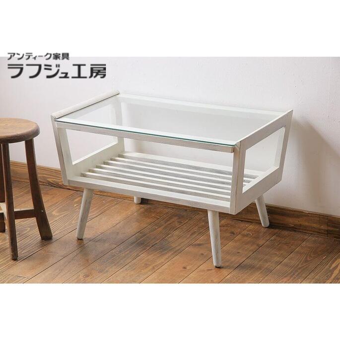 ペイント家具 センターテーブル サイドテーブル コーヒーテーブル ガラス天板 レトロ モダン シャビーシック ナチュラル ミッドセンチュリー ペイント シンプル 可愛い おしゃれ 一人暮らし リビング 店舗 カフェ ラフジュ工房 送料無料 r-029298