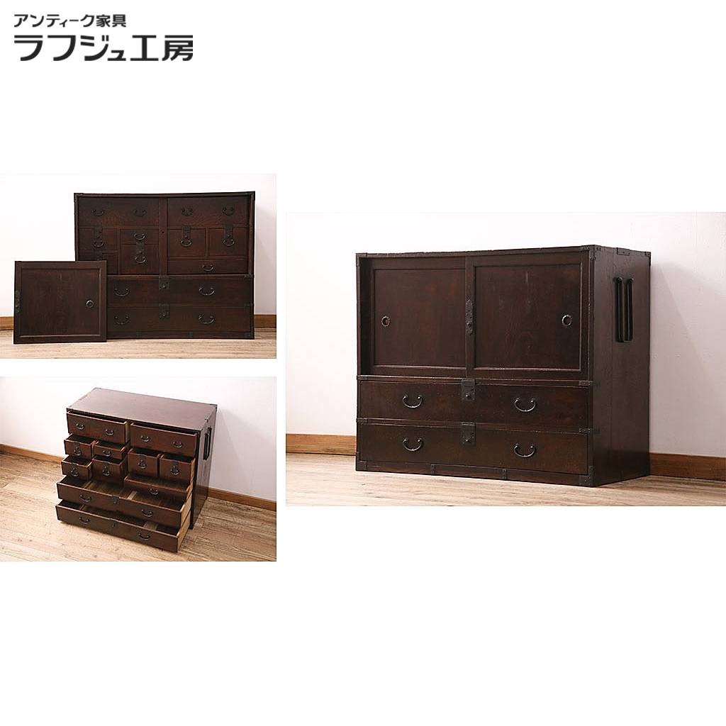 ネコヤナギ♪キャビネット 格子 オーク無垢材 棚 引き出し付収納 和モダン ネコヤナギ様専用♪キャビネット 格子 オーク無垢材 棚 引き出し付収納