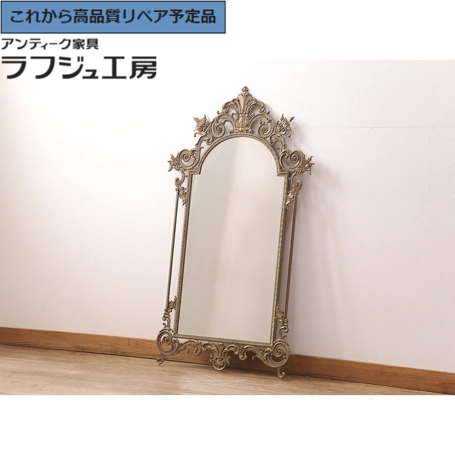 ★事前問合せ必須★ ヴィンテージ雑貨 真鍮製 ウォールミラー イタリアビンテージ 壁掛け鏡 ヨーロピアン クラシカル エレガント リビング 寝室 玄関 店舗 アパレル レストラン ホテル ラフジュ工房 送料無料 r-051480｜ラフジュ工房 店