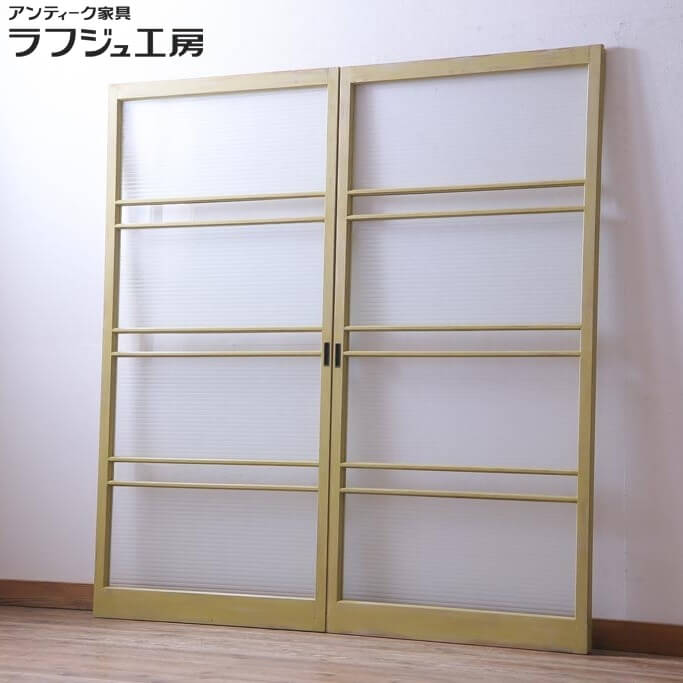 ヴィンテージ建具 ガラス戸 2枚セット ペイント建具 銀モールガラス入り 引き戸 レトロ ナチュラル フレンチ シンプル ラフジュ工房 送料無料 r-033690｜ラフジュ工房 店 40,248円