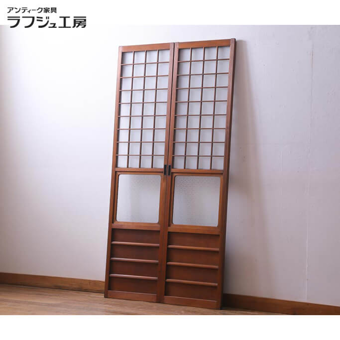 アンティーク建具 ガラス戸 2枚セット 和製アンティーク 昭和初期 ヒノキ材 オリジナルガラス 引き戸 建具 レトロ アジアン 和風 和モダン ラフジュ工房 送料無料 r-036019