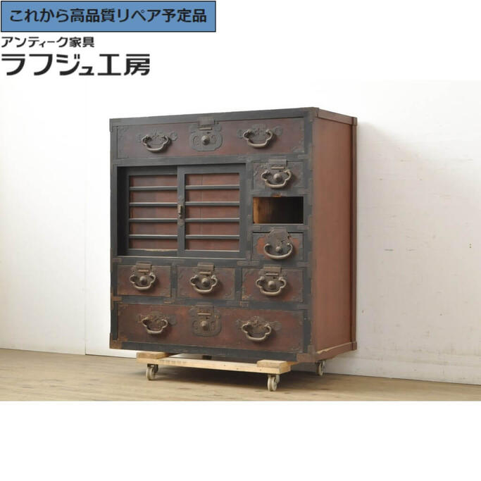 リペア済み 和製アンティーク　細かい書類整理にぴったりな引き出し9杯付きの片袖机 リペア済み 和製アンティーク 細かい書類整理にぴったりな
