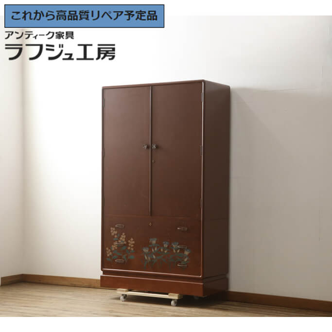 ss6771　洋服箪笥 2段重ね 桐たんす 吊り下げ 引き出し2杯 桐箪笥 桐タンス 桐製 衣装たんす 洋服収納 ワードローブ クローゼット レトロ 無塗装 ロング丈 洋服箪笥 中古 ss6771-2.jpg