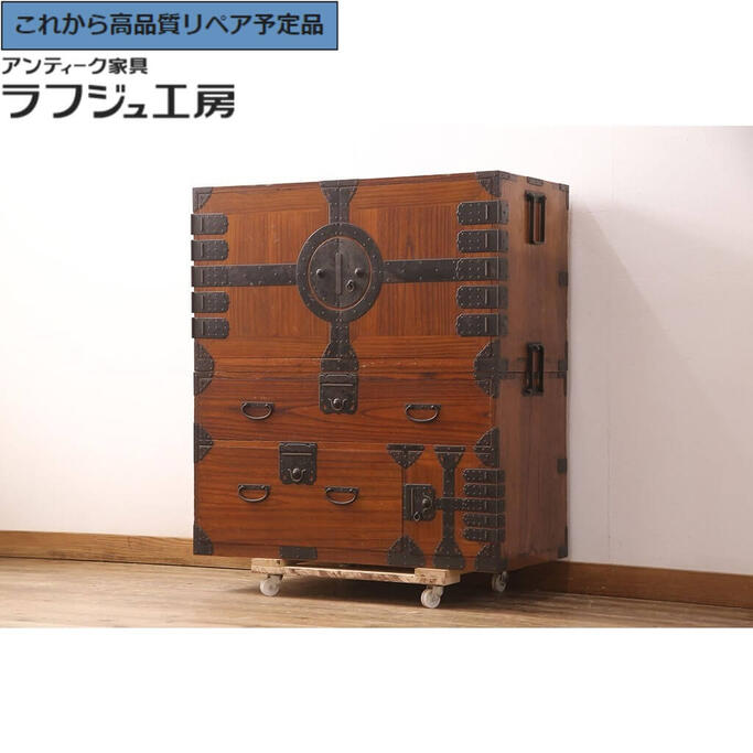 ★事前問合せ必須★ 和製アンティーク 美品 観音開き時代箪笥 上手物 総桐材 収納箪笥 桐箪笥 桐たんす 重ねタンス 引き出し 和風 和モダン リビング 収納 和室 寝室 店舗 ラフジュ工房 送料無料 r-052749｜ラフジュ工房 店