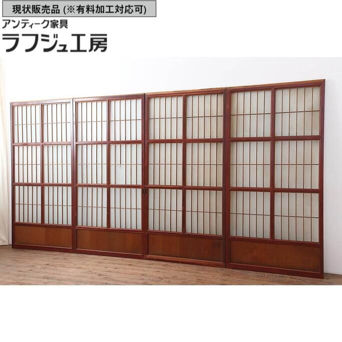 ▼現状販売▼ アンティーク建具 ガラス戸4枚セット 大正昭和初期 大正ロマン 引き戸 建具 レトロ 和風 和モダン ラフジュ工房 送料無料 r-044153|ラフジュ工房 店