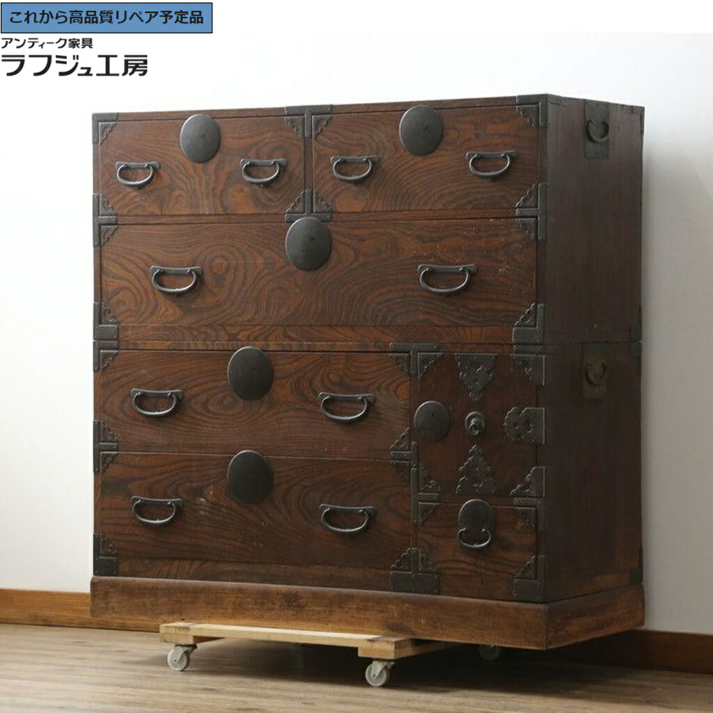★事前問合せ至要たる★ 和製アンティーク 二段重ね仙台姫洋服箪笥 上手物 向こう正面欅(ケヤキ)材 r-075768
