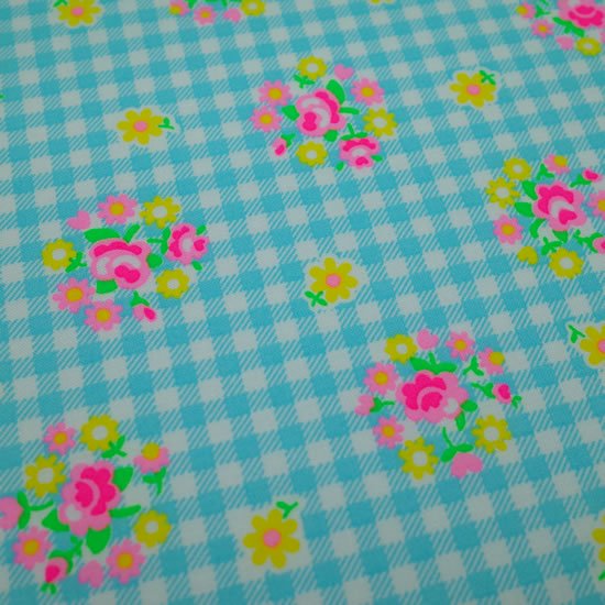 Babyrose ライトブルー 1mカット済 カラフル かわいい レトロ ハンドメイド パッチワーク 日本製 コットン 生地 蛍光 青 綿100 フラワー 水色 ゆめかわ 手芸 国産 エコバッグ ローズ チェック 手作り 花柄 良質
