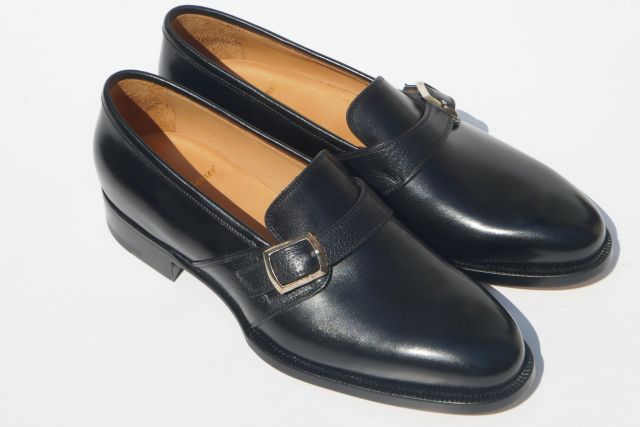 STEFANO BERMER【ステファノベーメル】MODEL  C12600C/COL NERO BOXCARF黒なめし革×黒もみ革二人組BLACKしろがね色バックル付モンクストラップローファー（専用シューツリー付き添い人）