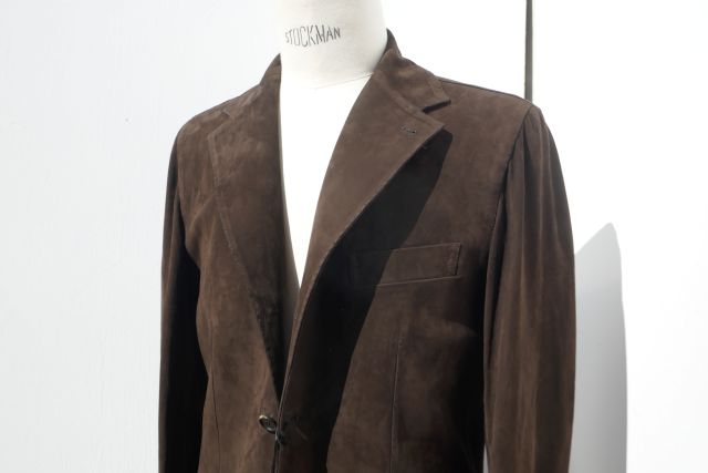 SARTORIA MELINA NAPOLI【サルトリアメリーナナポリ】MODEL FH BLAZER01/COL DARK BROWN/まっ黒い赤銅色最御膳上等ベビーカーフスキンNUBACKヌバックレザーHANDE MADE手縫いシングル３BサイドベンツレザーJKT(入れもの＆ハンガー、書きあらわす付け出し)
