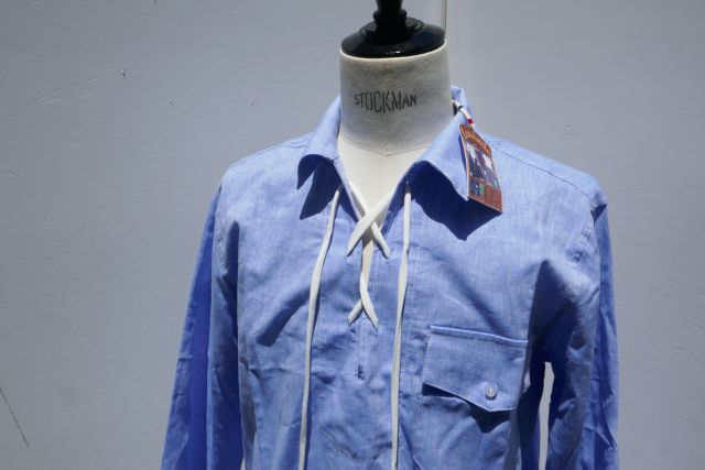 LUCARDA 1920【ルカルダ】 MODEL BOXER WORKSHIRT /COL SKY BLUE /リネン綿織物SKY BLUEレースアッププルオーバー八分袖マリンワークシャツ(MADE IN ITALY)