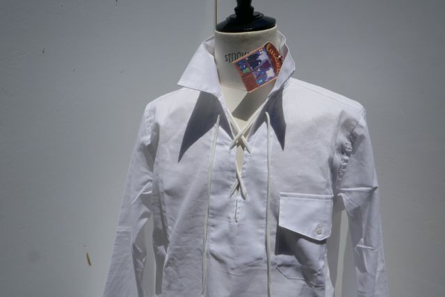 LUCARDA 1920【ルカルダ】 MODEL BOXER WORKSHIRT /COL WHITE /リネン綿織物白レースアッププルオーバー九分袖マリンワークシャツ(MADE IN ITALY)