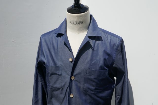 CHATO LUFSEN【シャトールフセン】 MODEL OVERSHIRT MARLON /伊老舗ALBINI青色BLUE185gram綿織物地明けっ広げ色合い＆背インバーテッドプリーツのプルオーバー上衣