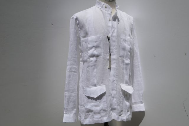 BARUC【バルク】 MODEL 　GUAYABERA 895101 ML/COL 01BIANCO/白ハイカラ-フロント4POCKET麻LINIEN白グアジャベーラGUAYABERAキューバシャツ(タイ、スカーフ用襟ループ付）｜アントニオ洋服店