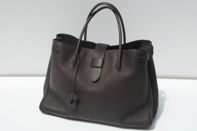 ATELIER LENARD【アトリエレナール】 MODEL LE HORTENSE 3 H46/最御前上等仏製トリヨンソコアSocoa 子ウシキップひと肌DARK BROWN×裏打ち両側面モカ赤銅色×センターライニングオレンジシープスキンレザー手縫いメンズトートバッグ（46×31×20浪華節的)