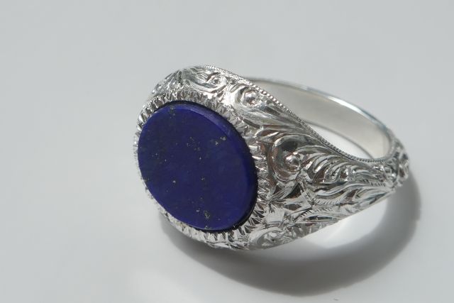 Ranfagni Gioielli Firenze【幽客毛革二 ジョイエッリフィレンツェ】MODEL  ORIGINAL RING 14 LAPIS /ラピスラズリ中石×925SILVER手彫り（FIRENZE彫り）HANDMADEメンズ輪っか18号大きさ
