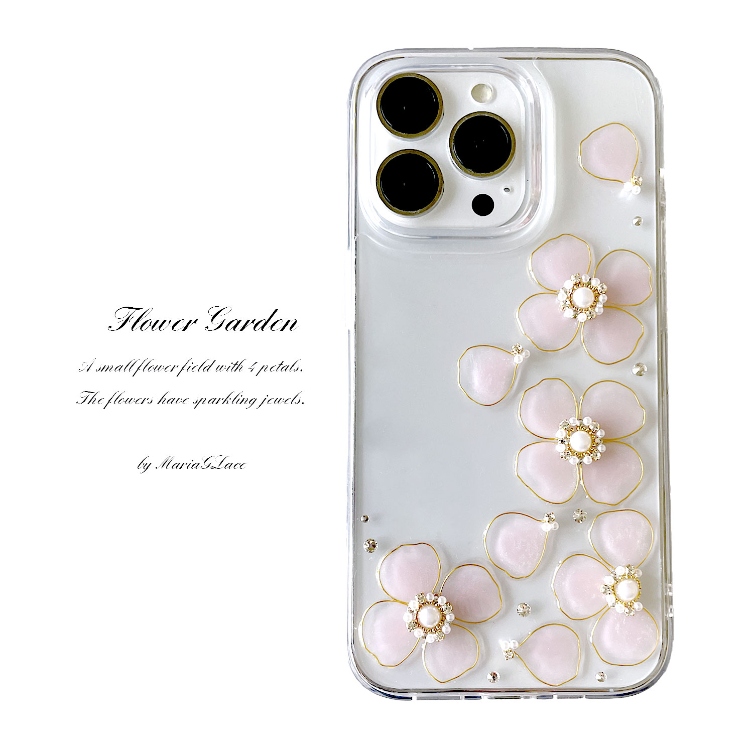 全機種対応 iPhone17e iPhone17pro iPhone16 iPhone15 iPhone14 Xperia Galaxy Pixel フラワーガーデン レジン お花 スマホケース クリアケース パール ピンク ストーン ハイブリッドケース 透明 かわいい レディース キラキラ プレゼント スマホカバー
