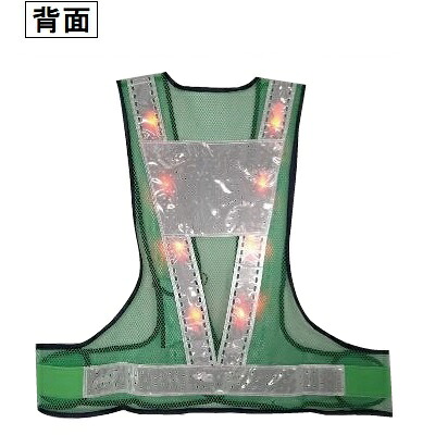 超高輝度赤色LEDサマーベスト(穴あき台形反射シート付) 緑色メッシュ/白銀色テープ 5着セット 通気性良く軽量 S-LED-GWT