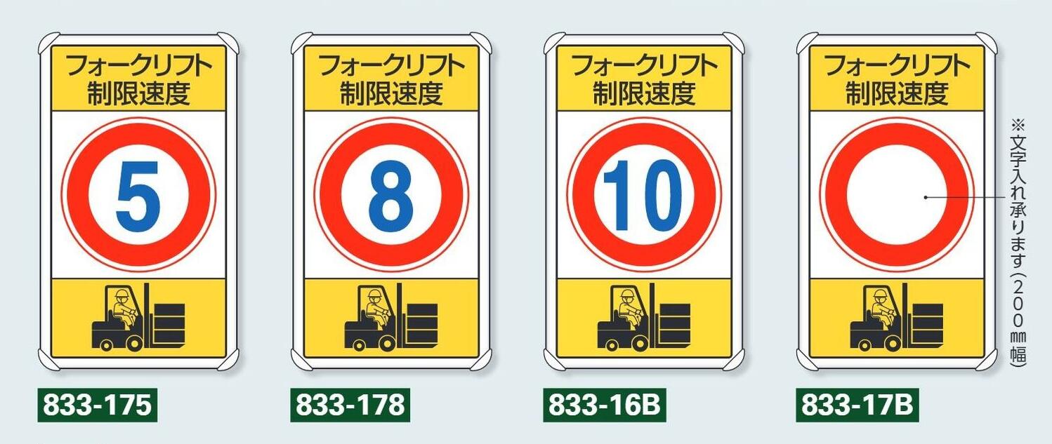 交通標識（構内用）「フォークリフト制限速度」 680×400mm アルミ製・平リブタイプ 833-175　833-178　833-16B　833-17B　ユニット